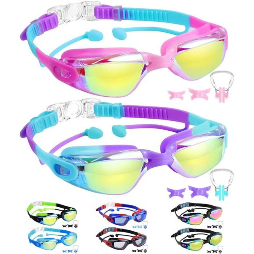 Kids Swim Goggles 2 Packs‎ Swimming Goggles with Earplugs & Nose Clip for Girls